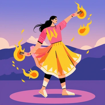 A dancer with flowing hair performing in an open space at dusk. The dancer is wearing a bright, colorful costume that moves gracefully with their movements. They are holding two poi that are on fire, creating bright orange and yellow flames that trail through the air as they spin. The flames illuminate the dancer’s figure, casting dynamic shadows on the ground. The background features a soft gradient of dark blue and purple as the sun sets, enhancing the vibrant display of light from the flaming poi.