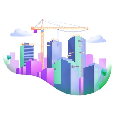 A modern pastel illustration depicting a vibrant city skyline filled with tall skyscrapers. Several new skyscrapers are under construction with exposed beams and scaffolding. Cranes are prominently positioned in the background, towering over the buildings. The sky is a soft gradient of blue and pink, complementing the pastel colors of the buildings. There are a few clouds scattered across the sky, adding depth to the scene.