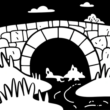 A shadowy creature is crouched beneath an old stone bridge, with the textures of the weathered stones clearly defined. The bridge spans over a gently flowing stream, with ripples visible in the dark water below. The surrounding area is filled with tall, overgrown grass and sparse trees, casting elongated shadows in the waning light. The sky above is darkening, with a few scattered clouds hinting at the approaching night. The creature's silhouette is partially obscured by the bridge, creating an element of mystery, as its form remains indistinct against the contrast of the stone.