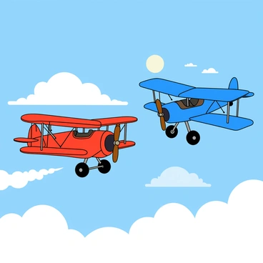 Two vintage airplanes, one a bright red biplane and the other a blue monoplane, are engaged in a dramatic dogfight high in the sky. The red biplane has its wheels visible and features a spinning propeller at the front. The blue monoplane has its wings extended and is slightly tilted, showcasing its sleek design. Fluffy white clouds surround them, adding to the sense of movement. In the background, a clear blue sky stretches endlessly, with the sun shining brightly, casting shadows on the planes. Small puffs of smoke trail from the biplane as it performs a sharp maneuver to evade the blue monoplane.