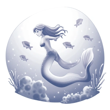 A mermaid with flowing hair and a shimmering tail is swimming gracefully through an underwater scene. She is surrounded by various tropical fish swimming in close proximity. The fish are of different shapes and sizes, adding dynamic movement to the scene as they dart around her. Sunlight filters through the water, creating a sparkling effect in the environment. Coral formations and underwater plants add texture and detail to the background, enhancing the overall composition.