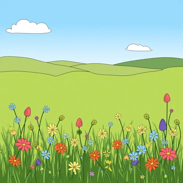 A wide, open meadow filled with a variety of wildflowers in bright colors like red, yellow, blue, and purple. The flowers are blooming in clusters and swaying gently in the breeze. Above the meadow, a clear blue sky stretches out with a few fluffy white clouds scattered throughout. In the distance, rolling hills can be seen, adding depth to the landscape. The sunlight bathes the scene in a warm glow, highlighting the vibrant colors of the flowers and the lush green grass.