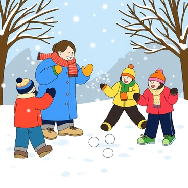 A cheerful fat woman with light skin and short brown hair is playfully engaging in a snowball fight with a group of three children in a snowy park. She is wearing a bright blue winter coat, colorful mittens, and a red scarf wrapped around her neck. Snow is falling gently around her, creating a magical winter atmosphere. The children, two boys and a girl, are dressed in colorful winter jackets, with hats and scarves, laughing as they prepare snowballs. The park has trees dusted with snow in the background, and there are patches of untouched snow on the ground, adding to the scene's playful vibe.