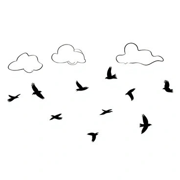 A flock of birds in various flight positions soaring across an open sky. The birds are in silhouette, with some flapping their wings while others glide gracefully. The sky is filled with soft, billowy clouds, creating an expansive backdrop. The scene captures a sense of movement and freedom, with birds varying in size and shape, enhancing the dynamic composition. The overall image focuses on the birds and the clouds, with no other distractions around them.