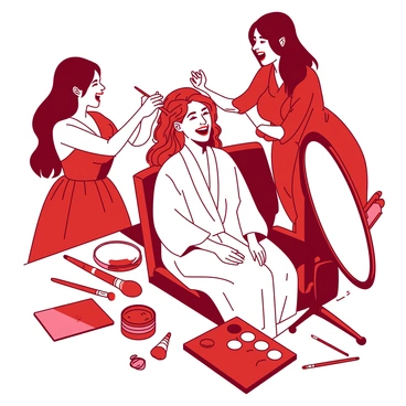 A red bride is sitting in a chair, surrounded by her friends, each displaying excitement as they help her get ready for her big day. The bride has a white robe draped over her shoulders. One friend is applying makeup on the bride's face, while another is curling her hair. There’s a large mirror in front of them reflecting the joyful scene. Various makeup products are scattered on a nearby table, including brushes and palettes in shades of red and white. The atmosphere is filled with laughter and anticipation as they prepare for the wedding ceremony.