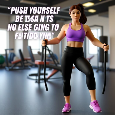 A fit woman with a toned physique is performing cable kickbacks in a gym setting. She has long, flowing hair pulled back in a ponytail and is wearing a bright purple sports bra and black leggings. The gym features various workout equipment in the background. The woman is focused and determined as she extends one leg behind her, gripping a cable handle with her hands. Above her, in bold letters, the quote reads "Push yourself, because no one else is going to do it for you." The overall composition highlights her strength and determination in a dynamic fitness environment.