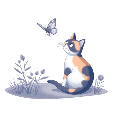 A calico cat with distinct patches of orange, black, and white fur is sitting attentively on a patch of grass in a garden. The cat's eyes are wide, focused on a delicate butterfly hovering just beyond its reach. The butterfly has intricate wing patterns and is positioned in the air, flapping its wings gently. Surrounding the scene, there are various plants and flowers in the garden, providing a natural backdrop to this moment. The atmosphere conveys a sense of curiosity and anticipation as the cat observes the butterfly.