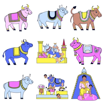 A collage featuring various depictions of "Nandi," the sacred bull in Hindu culture. Each section of the collage showcases "Nandi" in different traditional settings. One section displays "Nandi" adorned with vibrant garlands during a festival celebration. Another section shows "Nandi" as part of a temple procession, surrounded by "festive decorations." A third section features "Nandi" depicted in traditional art styles, such as paintings or sculptures, representing different regions of India. Elements like "colorful fabrics," "decorative lights," and "festive motifs" accentuate each cultural representation.
