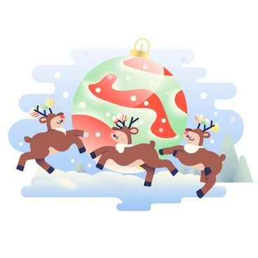 A large, festive Christmas ball is depicted, covered in shiny red and green decorations. In the foreground, several playful reindeer with brown fur and white spots are leaping gracefully through the air, their antlers adorned with colorful ornaments. Each reindeer's expression is cheerful, and their legs are outstretched in mid-leap. The background features a soft, snowy landscape with twinkling lights scattered throughout, enhancing the holiday spirit. A few snowflakes are gently falling from a clear blue sky, contributing to the wintery scene.