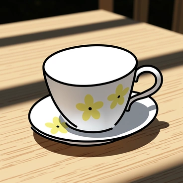 A delicate teacup with a "primrose pattern" featuring yellow and white flowers is resting on a wooden table. The teacup has a fine porcelain finish with intricate details around the rim. Sunlight casts soft shadows on the table surface, highlighting the natural grain of the wood. The surrounding area is clear, focusing attention on the teacup and its design.