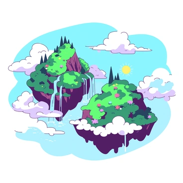Two large islands are floating in the sky, surrounded by fluffy white clouds. One island is covered in dense green foliage with colorful flowers scattered throughout. A majestic waterfall cascades from the side of this island, sending a stream of clear water tumbling down into the clouds below. The second island has rocky cliffs and a few patches of grass, with small waterfalls flowing over the edges, creating mist as the water meets the clouds. Sunlight is shining brightly, illuminating the scene and casting soft shadows.