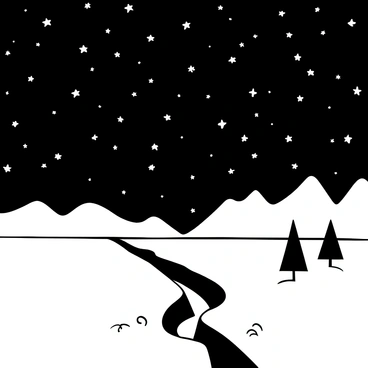 A starlit sky filled with numerous stars illuminates the scene. Below, a prominent strike-slip fault line stretches across the landscape, with jagged edges and displaced earth on either side. Silhouetted mountains loom in the distance, contrasting against the night sky. The ground near the fault shows signs of disruption, with cracks and shifts in the soil. A few sparse trees stand nearby, their outlines visible against the backdrop of stars.