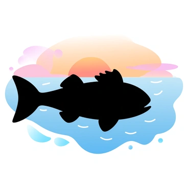 A silhouette of a flounder is positioned in the foreground, highlighting its unique flat shape and fins. The setting sun is depicted on the horizon, casting a warm glow that reflects on the surface of the ocean. The colors of the sky transition from deep oranges to soft pinks, blending seamlessly into lighter shades near the sun. The ocean waves gently ripple, catching the warm hues of the sky while the silhouette of the flounder contrasts against the vibrant backdrop.