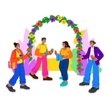 Guests arriving at the wedding venue are being welcomed by friendly hosts. The entrance is adorned with colorful garlands made of flowers and leaves. Guests are smiling brightly as they step through the decorative archway. Some guests are holding small gifts wrapped in vibrant paper. The scene is festive and cheerful, capturing the joy of the occasion.