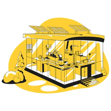 A large factory structure with a sleek, modern design featuring transparent walls that allow visibility into the interior. The building has sharp angles and smooth surfaces, with a roof that curves elegantly. Inside, robotic arms are visible assembling products on an assembly line. Various machines are positioned methodically, with conveyor belts moving items through a well-organized workspace. Outside the factory, there are multiple solar panels on the roof and a landscaped area with neatly trimmed bushes and pathways leading to the entrance.