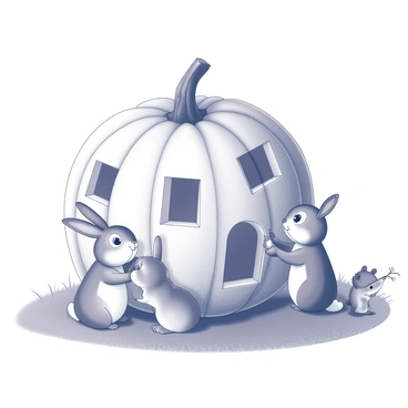 A large pumpkin sits on a patch of grass. It is being carved to resemble a house, with distinct windows and a door outlined in the pumpkin's surface. Various friendly animals are gathered around the pumpkin. A curious rabbit stands on its hind legs, inspecting the carved details. A chipmunk is seen holding a tiny carving tool, working on a window. A squirrel balances on a nearby branch, watching the progress with interest. The scene is cheerful and lively, with the animals collaborating in this creative endeavor.
