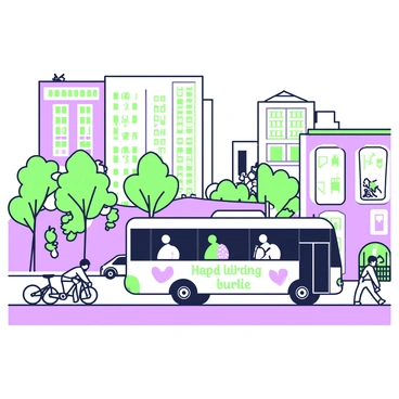 A bus is driving through a bustling city street. The bus is adorned with illustrations of "Easter bunnies" and "colorful eggs" on its sides. Pedestrians are walking on the sidewalk, some carrying shopping bags. Tall buildings line the street, with windows reflecting the sunlight. Traffic is moving with cars and bicycles alongside the bus. In the background, a park is visible with children playing and trees scattered throughout.