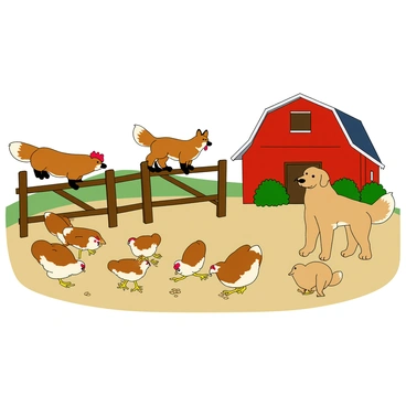 A lively farmyard filled with various elements of rural life. There are several fluffy brown and white chickens scattered around, energetically pecking at scattered grains on the ground. A clever-looking fox with a bushy tail is perched on a rustic wooden fence, its eyes focused on the chickens. Nearby, a loyal farmer's dog, a medium-sized golden retriever, stands with perked ears and a watchful gaze, ready to alert to any movement. The background features a simple red barn and a few green bushes, completing the charming farmyard scene.