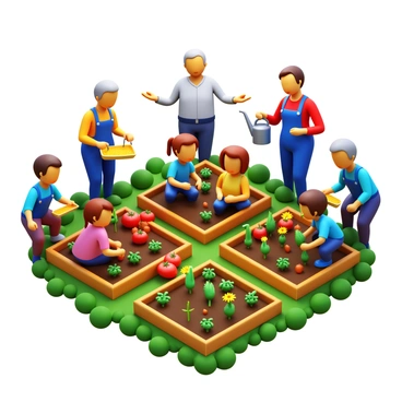 A diverse group of neighbors of varying ages, including children, adults, and seniors, are actively planting vegetables and flowers in a community garden. The children are digging small holes in the soil, while adults are carefully placing seedling trays into the ground. Seniors are supervising and offering guidance, holding gardening tools such as trowels and watering cans. Various types of vegetables, such as tomatoes and carrots, are interspersed with colorful flowers like marigolds and sunflowers. The garden area is marked by wooden plots, and green foliage surrounds the planting area, creating a vibrant community space.