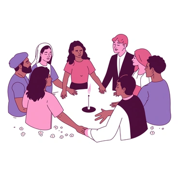 A group of people, representing diverse backgrounds, is gathered in a circle, holding hands. Each person displays a unique attire, reflecting their cultural heritage. In the center of the circle, there is a white candle, gently flickering, symbolizing remembrance. Some individuals have their eyes closed, while others gaze softly at the candle. The atmosphere is filled with a sense of unity and respect. Surrounding the group, there are small white flowers scattered on the ground, adding a touch of serenity to the scene.