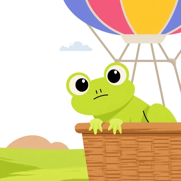 A green frog with large, bulging eyes is peering over the edge of a woven hot air balloon basket. The basket is made of brown wicker, with a textured surface and a rounded top. Above the basket, a colorful hot air balloon is inflated, featuring panels in bright shades of red, yellow, and blue, creating a vibrant contrast against the sky. The sky is clear with a few fluffy white clouds, and the ground below is a patchwork of green fields and brown earth, visible in the distance. The frog's slimy skin glistens in the sunlight as it curiously observes the landscape below.