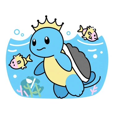 A Squirtle, with a smooth blue shell and a cheerful expression, is wearing a crown made of coral and tiny seashells. Around it, a variety of shimmering fish, displaying vibrant colors, swim gracefully in a clear ocean. The water is crystal clear, allowing sunlight to filter through, creating an enchanting underwater scene. The background features gentle currents, gently moving the plants and providing a sense of serenity.