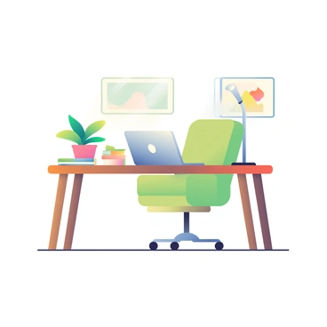 A cozy home office setup is depicted, featuring a wooden desk with a silver laptop open on top. The desk is adorned with a few potted plants with vibrant green leaves, adding a natural touch to the workspace. A stack of colorful books is positioned neatly next to the laptop. The wall behind the desk is adorned with framed artwork, and there is a comfortable chair with soft cushions placed in front of the desk. A warm light glows from a small desk lamp, creating an inviting atmosphere.