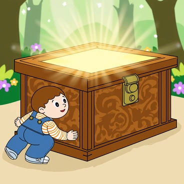 A curious child with short brown hair and bright blue eyes crouches down next to a large, ornate wooden box. The box is intricately carved with swirling patterns and has a shiny brass clasp holding it closed. A soft, radiant light glows from the cracks around the box, illuminating the child's face with a warm, golden hue. The child's expression is one of wonder, with raised eyebrows and a slightly open mouth. They wear a striped shirt and denim overalls, with one strap slightly hanging down. The background shows a softly blurred, enchanted forest filled with tall, green trees and colorful flowers, enhancing the sense of magic surrounding the scene.