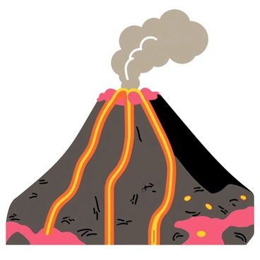 A volcanic eruption with a large, billowing gray ash cloud rising into the sky. Bright orange and red lava flows down the sides of the volcano, creating a stark contrast against the dark sky. The foreground features rocky terrain scattered with small boulders and patches of charred earth. Glowing fragments of molten rock are visible among the lava, and the overall scene is dynamic, showcasing the intensity of the eruption.