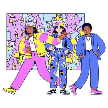 A colorful graffiti wall filled with vibrant designs and patterns. Emerging from the wall is a group of diverse figures showcasing dynamic street style fashion. One figure is wearing a bright oversized jacket with bold geometric shapes, while another has on fitted pants with unique prints. Accessories such as caps, chunky sneakers, and statement necklaces add to their outfits. The scene captures the energy of urban culture.