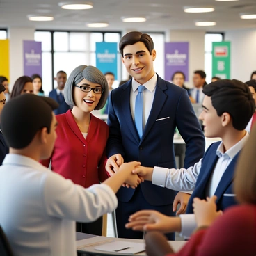 A political candidate with short brown hair, dressed in a navy blue suit and a light blue tie, shakes hands with a diverse group of supporters. The candidate has a warm smile and is leaning slightly forward to engage with a middle-aged woman wearing a red blouse. Beside them, a young man in a white shirt with rolled-up sleeves is reaching out for a handshake. In the background, there are colorful banners displaying the candidate's name and logo. The setting features a spacious room with round tables and a friendly, inviting atmosphere.