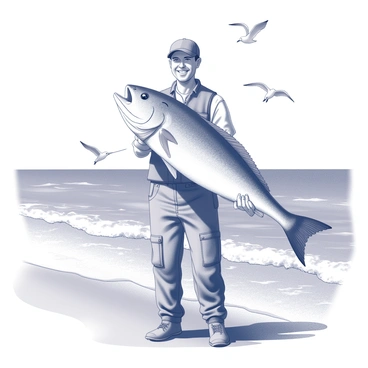 A fisherman standing on the shore, holding a large halibut in both hands. The fisherman has a broad smile on his face, displaying a sense of pride and accomplishment. He is dressed in casual fishing attire, including a cap and a vest with pockets. In the background, gentle waves lap against the sandy beach, while seagulls can be seen gliding above. The sun shines brightly, creating sparkles on the water's surface and casting soft shadows on the fisherman and the fish.