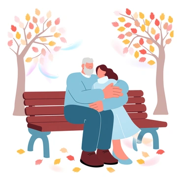 An elderly couple is embracing warmly on a wooden park bench. The man is wearing a cozy sweater and has his arms wrapped around the woman, who is in a long coat with a scarf. The park is filled with vibrant autumn leaves in shades of orange, yellow, and red, covering the ground around them. In the background, there are tall trees with branches adorned with falling leaves, creating a picturesque scene of a tranquil autumn day. A soft breeze is depicted as a few leaves gently swirl around them.