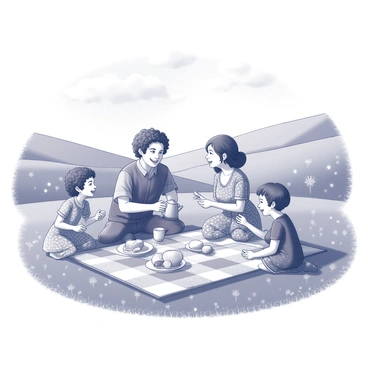 A hobbit family gathered around a checkered picnic blanket spread out on lush green grass. The father, with curly hair and wearing a simple button-up shirt, is joyfully pouring tea from a ceramic teapot into small cups. The mother, dressed in a floral dress, is placing various homemade dishes, such as bread, cheese, and fruit, on the blanket. Two children, one with curly hair and the other with straight hair, are playing nearby, tossing a small ball back and forth. The scene showcases a bright, sunny sky with fluffy clouds overhead, and the surrounding landscape features rolling hills and wildflowers adding to the cheerful atmosphere.