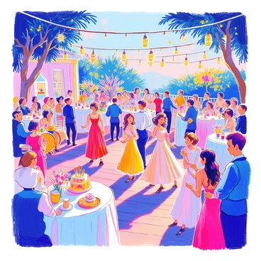 A festive wedding reception scene is set outdoors with tables adorned in white tablecloths and vibrant floral centerpieces. Guests are elegantly dressed, some in brightly colored dresses and suits, while others are in traditional attire. They are dancing joyfully on a wooden dance floor, surrounded by decorative twinkling lights strung overhead. A large cake is displayed on a decorated table, and a small band is playing music in the corner. Lanterns hang from nearby trees, illuminating the cheerful atmosphere.