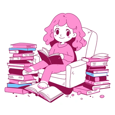 A pink cartoon girl with big expressive eyes is sitting in a comfortable white armchair. She has wavy hair and wears a cozy sweater. Surrounding her are piles of colorful books stacked haphazardly around the chair, creating a vibrant scene. Some books are open with pages slightly curled, while others are closed, showcasing various colorful covers. The girl is smiling softly, holding a book in her lap, as she looks content in her reading nook.