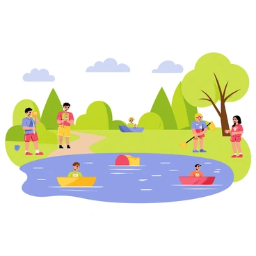 A vibrant park scene features children happily sailing colorful toy boats on a small pond. The pond has clear blue water that reflects the sunlight. Several children, dressed in bright clothing, are gathered around the water's edge, each holding a different toy boat. Some boats are red, yellow, and blue, gliding effortlessly across the pond. In the background, green trees and bushes provide shade, and a clear blue sky with fluffy white clouds completes the picturesque setting.