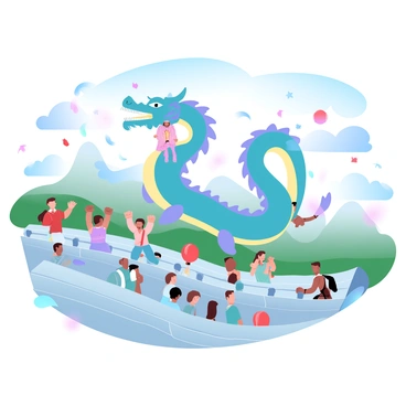 A large dragon made of vibrant fabric is being carried by several performers on the Great Wall. The performers are dressed in colorful traditional costumes, with each holding a section of the dragon's body. The wall is adorned with festive decorations, including red lanterns and banners fluttering in the breeze. In the background, a clear blue sky contrasts with the green mountains surrounding the wall. Spectators are gathered, watching the performance enthusiastically. Streamers and confetti are falling around the scene, adding to the celebratory atmosphere.