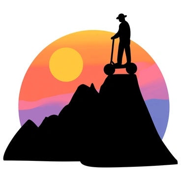 A silhouette of a Segway standing on a mountain ridge against a vibrant sunset. The sun is low on the horizon, casting shades of orange, pink, and purple across the sky. The Segway is positioned sideways, showing its distinctive wheels and handle. The mountain ridge features sharp peaks and a rugged terrain, enhancing the dramatic scenery. The silhouette captures the essence of adventure and freedom in a striking natural setting.