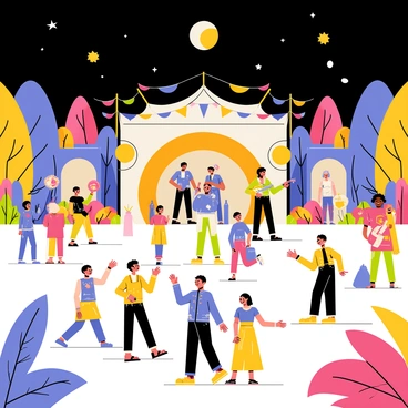 A vibrant festival scene filled with colorful decorations celebrating the solar eclipse. People are wearing bright costumes with patterns reminiscent of celestial bodies. A large stage is set up in the background, adorned with banners depicting the sun and moon. Musicians are playing lively instruments, while dancers perform energetic routines in the foreground. Colorful lights illuminate the area, creating a festive atmosphere. Families and friends are gathered, enjoying the festivities and sharing laughter, with a darkened sky above creating a striking contrast to the vibrant colors below.