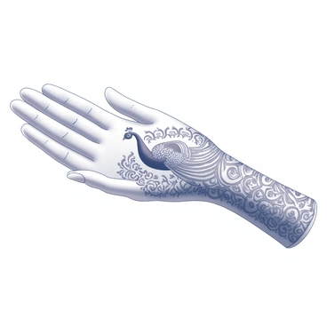 A bride's hand is extended, displaying an intricate henna design covering her palm. The motif features a detailed peacock, with its feathers elegantly fanned out, showcasing elaborate patterns of swirls and spirals. The peacock's body is adorned with fine lines and geometric shapes that create depth and texture. The surrounding areas of the palm are filled with floral elements and smaller designs, enhancing the overall elegance of the henna artwork. The bride's skin is visible, contrasting beautifully with the intricate design of the henna.