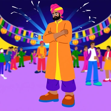 Gabbar Singh stands boldly with his arms crossed, wearing a traditional outfit that features a colorful turban and a long, flowing kurta. His expression is confident and determined. Behind him, a vibrant display of lights illuminates the night sky, with various colors creating striking patterns. The atmosphere is filled with excitement as festival decorations, such as hanging lanterns and colorful banners, are visible in the background. The scene captures a sense of celebration and grandeur.