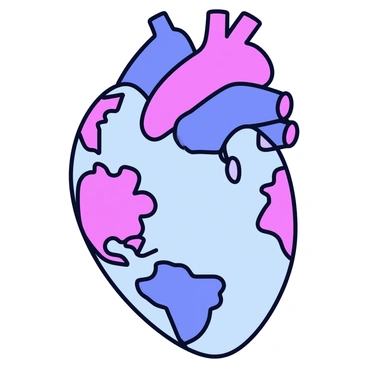 A human heart depicted as a three-dimensional object. The heart is intricately designed to resemble a globe, showcasing detailed continents and oceans. The continents are textured with various colors representing landmasses, while the oceans are illustrated in shades of blue. The heart's arteries and veins can be seen extending outward, blending seamlessly with the globe's surface. The overall image presents a unique fusion of anatomy and geography, emphasizing the heart's shape and the world map's features.