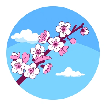 A white branch is adorned with numerous delicate apple blossoms in full bloom. The blossoms feature soft pink hues at their center, gradually fading to a pure white at the edges. The branch is set against a vibrant blue sky, which is clear and bright, characteristic of a sunny May day. A few wispy white clouds can be seen floating in the background, adding a subtle texture to the expansive blue canvas above.