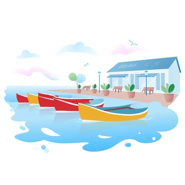 A row of colorful fishing boats is bobbing gently on the water, creating a vibrant scene. The boats are painted in shades of blue, red, and yellow, reflecting the pastel colors of the surroundings. In the background, a charming seaside promenade lined with quaint shops and cafes is visible. The promenade is adorned with potted plants and wooden benches, inviting visitors to enjoy the view. Soft waves create ripples on the water's surface, enhancing the tranquil atmosphere of the scene. A few seagulls can be seen flying above the boats, adding to the coastal ambiance.