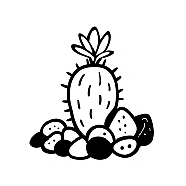 A cactus with a unique shape and spines stands prominently among a scattered collection of rocks of various sizes and shapes. The pile of rocks features different textures and contours, each distinguished by its own pattern. Atop the cactus, a striking flower blooms, showcasing intricate details of its petals. The surrounding environment is arranged to highlight the contrast between the cactus and the rocks, creating an engaging visual composition.