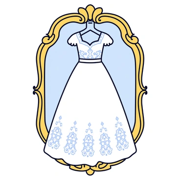 A vintage bridal dress is hanging gracefully on an ornate antique mirror. The dress features delicate lace details, showcasing intricate patterns that enhance its elegance. The mirror has an elaborate frame with floral carvings and a gilded finish. The background is softly illuminated, highlighting the texture of the lace and the shimmering fabric of the dress.