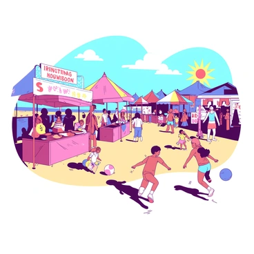 A vibrant beach scene features a lively festival in full swing. There are multiple booths in varying designs, each adorned with colorful decorations. Some booths showcase bright banners and canopies, while others display inviting snacks and local crafts. Groups of people, dressed in summer attire, are participating in various games, such as ring toss and balloon darts. Laughter and excitement fill the air as children run around, chasing after beach balls. In the background, the sun is shining brightly, casting shadows on the warm sand where additional festival activities are taking place.