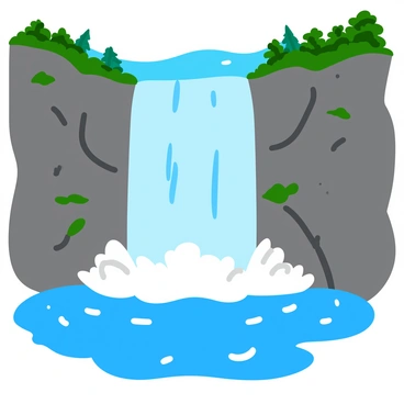 A large, powerful waterfall cascading down from a rocky cliffside. The water flows in vibrant blue and white streams, creating a mist that rises into the air. The cliff is rugged, featuring gray and brown rocky textures with patches of green moss and small plants clinging to its surface. The scene captures the dynamic motion of the water as it crashes into the pool below, sending splashes upward. Sunlight filters through the trees surrounding the waterfall, casting dappled light on the rocks and water.
