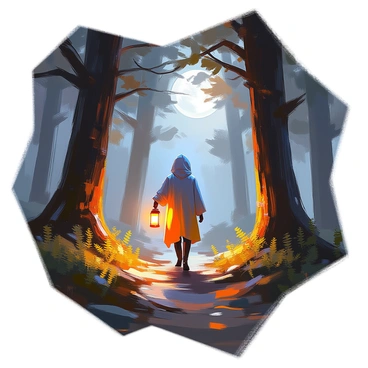 A figure with a hooded cloak is cautiously walking through a dark, dense forest at night. The moonlight filters through the canopy of tall trees, casting shadows on the forest floor. In one hand, the figure holds a lantern that emits a warm glow, illuminating the path ahead. The surrounding trees are massive, with textured bark and leafy branches reaching out. The underbrush is dense with ferns and small shrubs, and faint wisps of mist hover close to the ground. The atmosphere conveys a sense of mystery as the figure ventures deeper into the woods.
